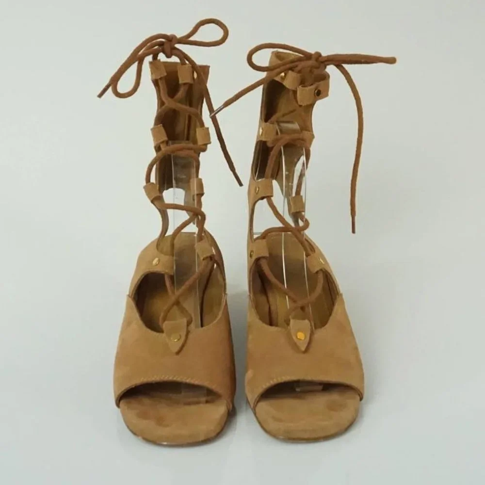 Chloe Tan Suede Wrap-Up Ghillie Wedges - 38